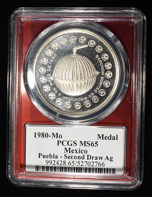1980-MO MEXICO SILVER PUEBLA 2ND DRAW NGC MS-65. SCARCE MEDAL COMMEMORATING THE BATTLE OF PUEBLA 