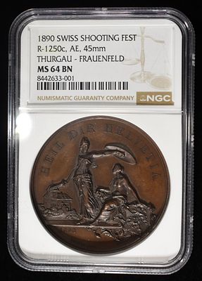1890 SWISS SHOOTING FEST THURGAU NGC MS-64 BN. THURGAU-FRAUENFELD COPPER, R-1250c ESTIMATE $800 