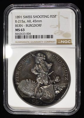 1891 SWISS SHOOTING FEST SILVER BERN NGC MS-63. R215a BERN-BURGDORF ESTIMATE $800 - $1000.