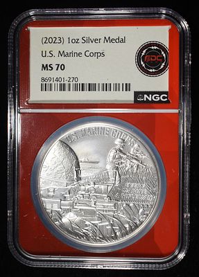 2023 MARINE CORPS SILVER MEDAL NGC MS-70. CHECK OUT OUR UPCOMING AUCTIONS ESTIMATE $150 - $200.