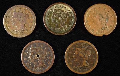 (5) BRAIDED HAIR LARGE CENTS. 1849, 1850, (2) 1854, 1856 WEEKLY COIN & CURRENCY AUCTIONS 