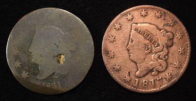 1817 VG & 1831 AG CORONET HEAD LARGE CENTS. WEEKLY COIN & CURRENCY AUCTIONS ESTIMATE $100 - $150.