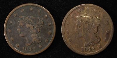 (2) 1842 BRAIDED HAIR LARGE CENTS. BID WITH SILVER CITY AUCTIONS ESTIMATE $80 - $120.