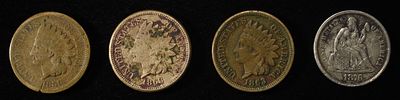 1859, & (2) 1863 INDIAN CENTS, 1876-S SEATED DIME. SOME PROBLEMS ESTIMATE $100 - $150.