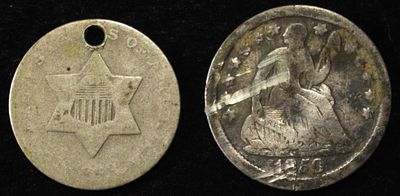 3-CENT SILVER & LIBERTY SEATED HALF DIME. CHECK OUT OUR UPCOMING AUCTIONS ESTIMATE $75 - $100.