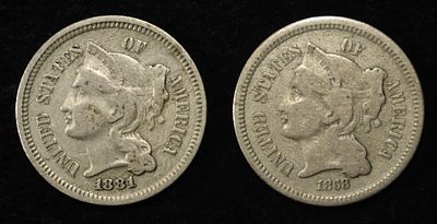 1881 & 1868 3-CENT NICKELS. TOP RATED AUCTION HOUSE ESTIMATE $120 - $160.