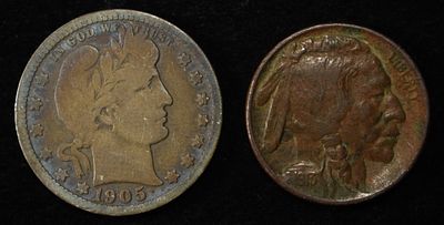 1913 BUFFALO NICKEL & 1905-O BARBER QUARTER. CHECK OUT OUR UPCOMING AUCTIONS ESTIMATE $90 - $130.