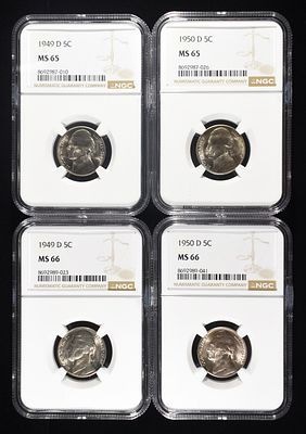 (4) NGC GRADED JEFFERSON NICKELS. 1949-D MS65 & 66 & 1950-D MS65 & 66 JEFFERSON NICKELS NGC 