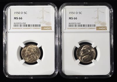(2) 1950-D JEFFERSON NICKELS NGC MS 66. CHECK OUT OUR UPCOMING AUCTIONS ESTIMATE $90 - $130.
