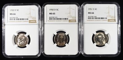 1950-D MS65, 1950-D & 1951-S MS66 JEFFERSON 5C NGC. LEADERS IN ON-LINE AUCTIONS ESTIMATE $110 - $160.