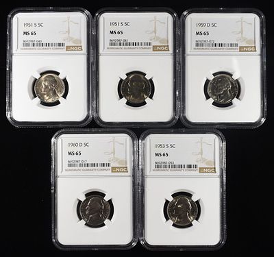 (5) NGC MS65 GRADED JEFFERSON NICKELS. 1960-D, 1959-D, 1953-S (2) 1951-S JEFFERSON NICKEL NGC 