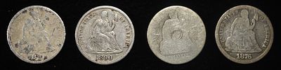 (4) LIBERTY SEATED DIMES. 1876-P LIBERTY SEATED DIME G,1890 LIBERTY SEATED DIME F, 1891 LIBERTY 