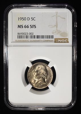 1950-D JEFFERSON NICKEL NGC MS 66 5FS. LEADERS IN ON-LINE AUCTIONS ESTIMATE $120 - $160.