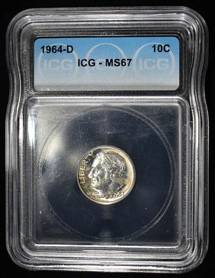 1964-D ROOSEVELT DIME ICG MS67. TOP RATED AUCTION HOUSE ESTIMATE $70 - $90.