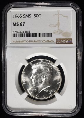1965 SMS KENNEDY HALF DOLLAR NGC MS67. LEADERS IN ON-LINE AUCTIONS ESTIMATE $75 - $100.
