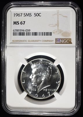 1967 SMS KENNEDY HALF DOLLAR NGC MS67. BID WITH SILVER CITY AUCTIONS ESTIMATE $75 - $100.