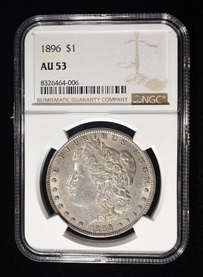1896 MORGAN DOLLAR NGC AU53. LEADERS IN ON-LINE AUCTIONS ESTIMATE $90 - $130.