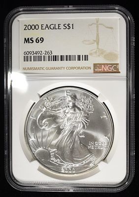 2000 AMERICAN SILVER EAGLE NGC MS69. CHECK OUT OUR UPCOMING AUCTIONS ESTIMATE $100 - $150.