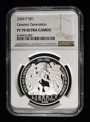 2024-P $1 COMMEM GREATEST GENERATION NGC PF70. ULTRA CAMEO LEADERS IN ON-LINE AUCTIONS ESTIMATE 