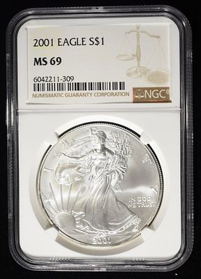 2001 AMERICAN SILVER EAGLE NGC MS69. BID WITH SILVER CITY AUCTIONS ESTIMATE $100 - $150.