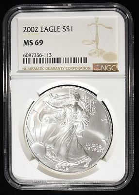 2002 AMERICAN SILVER EAGLE NGC MS69. LEADERS IN ON-LINE AUCTIONS ESTIMATE $100 - $150.