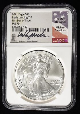 2021 T-2 SILVER EAGLE NGC MS-70 1ST DAY ISSUE. CHECK OUT OUR UPCOMING AUCTIONS ESTIMATE $130 - $150.