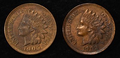 1903 & 1905 INDIAN HEAD CENTS. TOP RATED AUCTION HOUSE ESTIMATE $75 - $100.