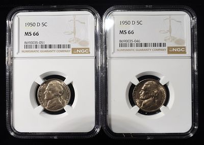 (2) 1950-D JEFFERSON NICKELS NGC MS 66. TOP RATED AUCTION HOUSE ESTIMATE $90 - $130.