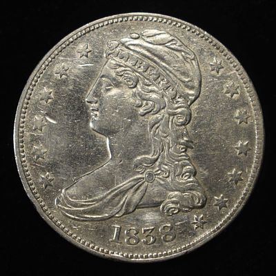 1838 CAPPED BUST HALF DOLLAR XF/AU. LEADERS IN ON-LINE AUCTIONS ESTIMATE $500 - $600.
