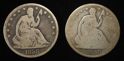 1858-P&O SEATED LIBERTY HALF DOLLARS. CHECK OUT OUR UPCOMING AUCTIONS ESTIMATE $130 - $180.