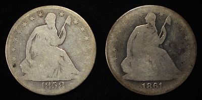 1861 & 1858-O SEATED LIBERTY HALF DOLLARS. LEADERS IN ON-LINE AUCTIONS ESTIMATE $130 - $180.