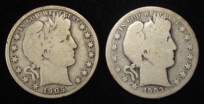 1903-S & 1905 BARBER HALF DOLLARS. WEEKLY COIN & CURRENCY AUCTIONS ESTIMATE $150 - $200.