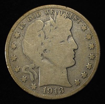 1913-S BARBER HALF DOLLAR G/VG. LEADERS IN ON-LINE AUCTIONS ESTIMATE $120 - $160.