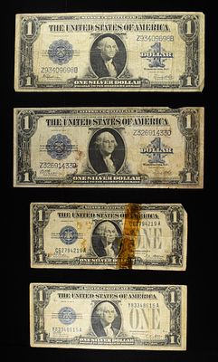(4) $1 SILVER CERTIFICATES. TOP RATED AUCTION HOUSE ESTIMATE $200 - $250.