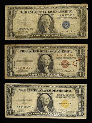 (3) $1 SILVER CERTIFICATES. WEEKLY COIN & CURRENCY AUCTIONS ESTIMATE $150 - $200.
