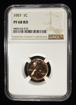 1957 WHEAT CENT NGC PF68RD. CHECK OUT OUR UPCOMING AUCTIONS ESTIMATE $75 - $100.