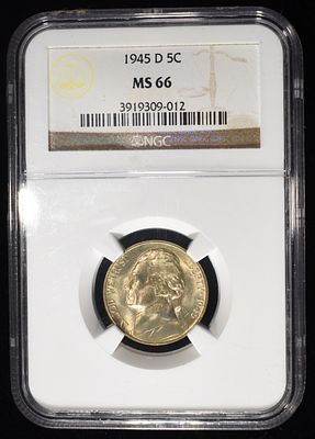 1945-D JEFFERSON WAR NICKEL NGC MS66. TOP RATED AUCTION HOUSE ESTIMATE $60 - $80.