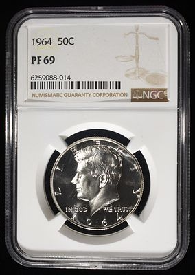 1964 KENNEDY HALF DOLLAR NGC PF69. TOP RATED AUCTION HOUSE ESTIMATE $130 - $180.