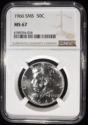 1966 SMS KENNEDY HALF DOLLAR NGC MS67. CHECK OUT OUR UPCOMING AUCTIONS ESTIMATE $75 - $100.