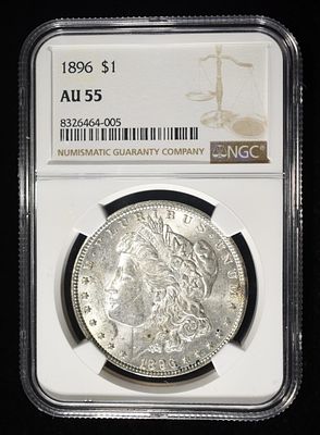 1896 MORGAN DOLLAR NGC AU55. WEEKLY COIN & CURRENCY AUCTIONS ESTIMATE $90 - $130.
