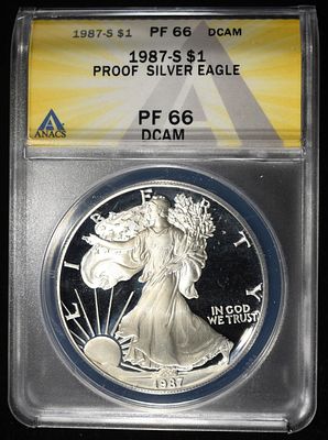 1987-S AMERICAN SILVER EAGLE ANACS PF66 DCAM. CHECK OUT OUR UPCOMING AUCTIONS ESTIMATE $100 - $150.