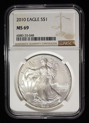 2010 AMERICAN SILVER EAGLE NGC MS69. CHECK OUT OUR UPCOMING AUCTIONS ESTIMATE $100 - $150.