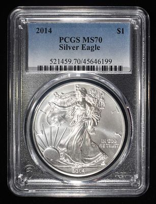 2014 AMERICAN SILVER EAGLE PCGS MS70. TOP RATED AUCTION HOUSE ESTIMATE $160 - $210.