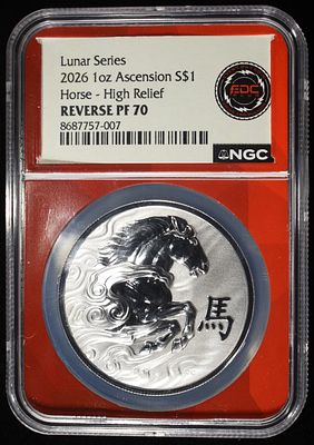 2026 ASCENSION LUNAR SERIES HORSE NGC REV PF-70. WEEKLY COIN & CURRENCY AUCTIONS ESTIMATE $200 - 