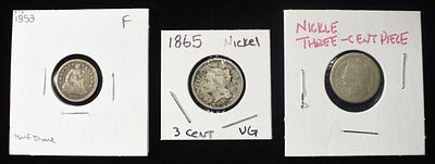 COLLECTORS LOT. 1852 SEATED LIBERTY HALF DIME F, 1865 3-CENT NICKEL VG & 1870 3-CENT NICKEL AG 
