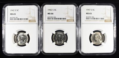 1942-S, 1947-S MS65 & 1942-S MS66 JEFFERSON 5C NGC. CHECK OUT OUR UPCOMING AUCTIONS ESTIMATE 
