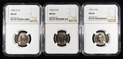 1950-D MS65, 1951-S& 1950-D MS66 JEFFERSON 5C NGC. BID WITH SILVER CITY AUCTIONS ESTIMATE $110 - 