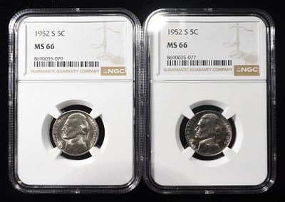 (2) 1952-S JEFFERSON NICKELS NGC MS 66. LEADERS IN ON-LINE AUCTIONS ESTIMATE $75 - $100.