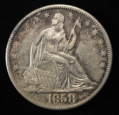1858-O SEATED LIBERTY HALF DOLLAR CH AU. WEEKLY COIN & CURRENCY AUCTIONS ESTIMATE $400 - $500.