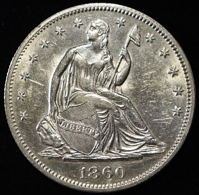 1860 SEATED LIBERTY HALF DOLLAR CH BU. LEADERS IN ON-LINE AUCTIONS ESTIMATE $1000 - $1200.
